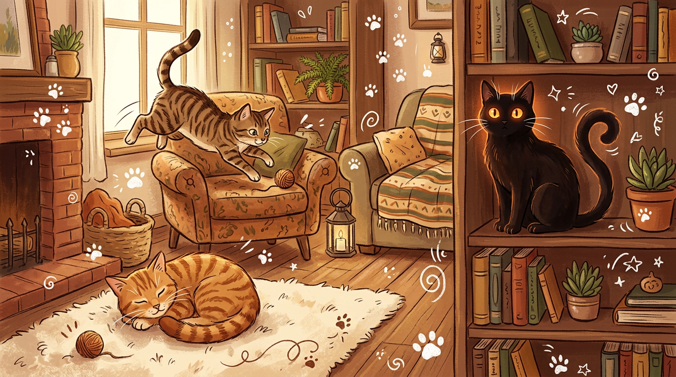 Curious cats exploring a colourful room filled with toys and climbing shelves