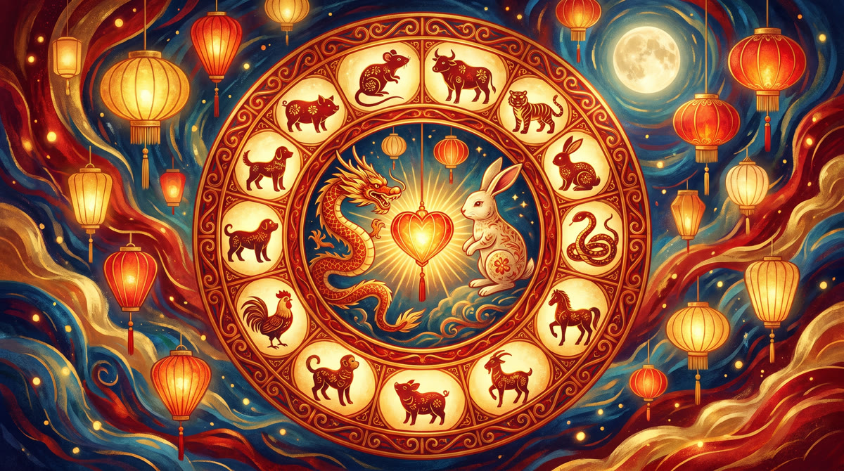 Wheel of the twelve Chinese zodiac animals with lanterns and a full moon