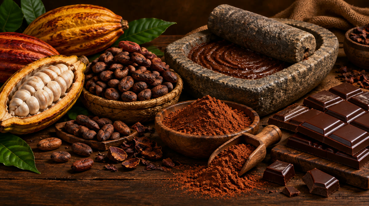 Cacao pods, chocolate bars and cocoa powder arranged on a wooden table
