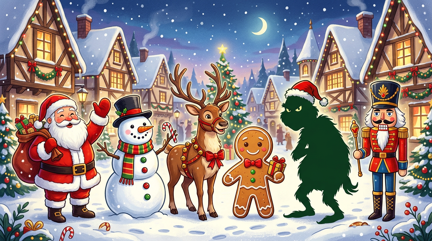 Festive storybook characters gathered around a glowing Christmas tree