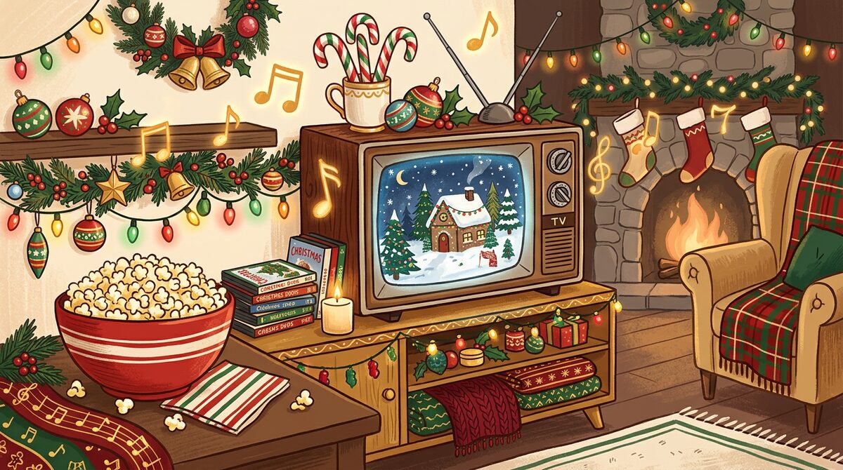 Cozy Christmas living room with vintage TV, popcorn, candy canes and fireplace