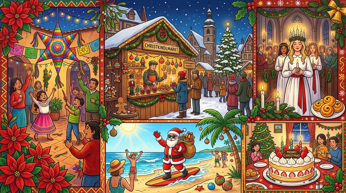 Festive collage of a piñata, German Christmas market, St Lucia procession and beach Santa