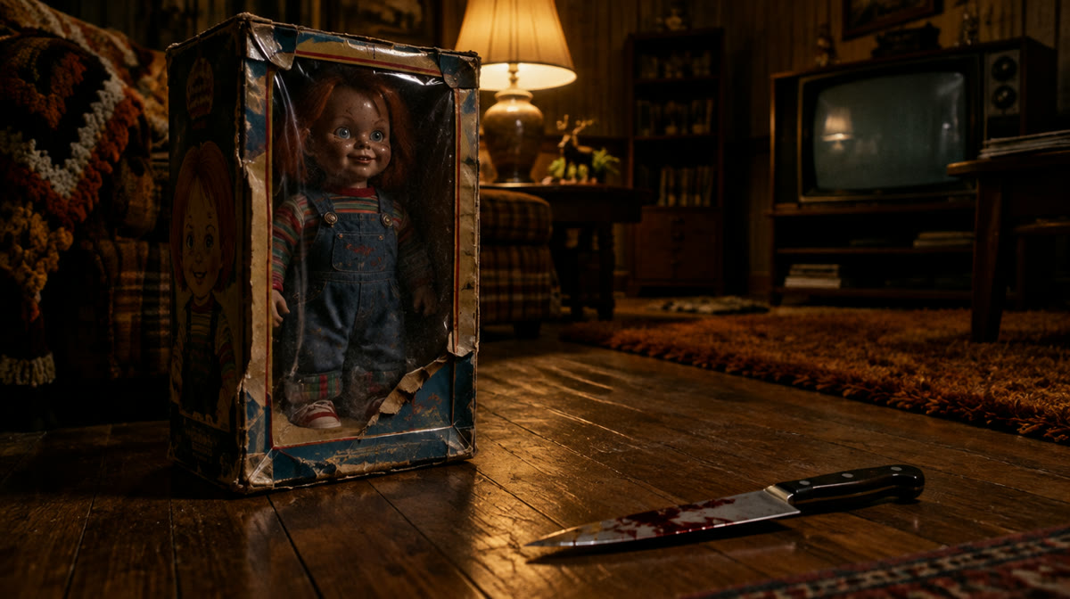 Creepy red-haired doll with a knife standing in a dimly lit room