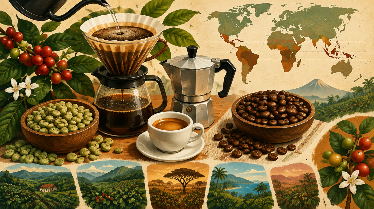A steaming cup of coffee beside roasted coffee beans and a French press