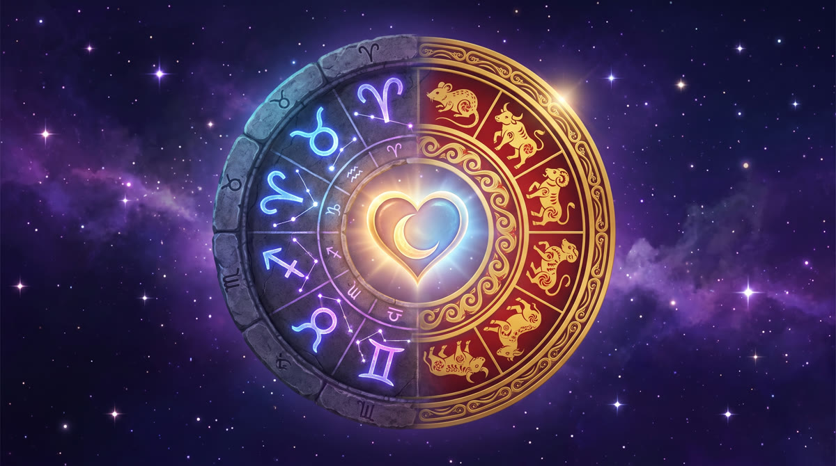 Western zodiac wheel merging with the Chinese zodiac animal wheel around a glowing heart