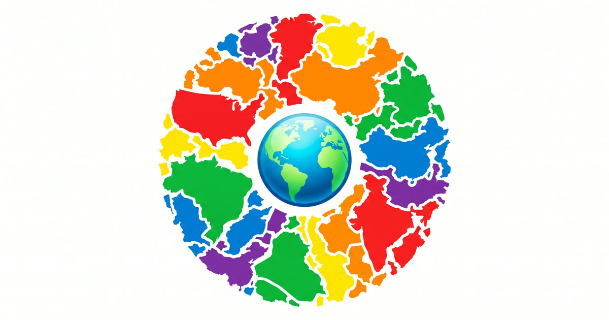 Puzzle of colorful country silhouettes surrounding a central globe