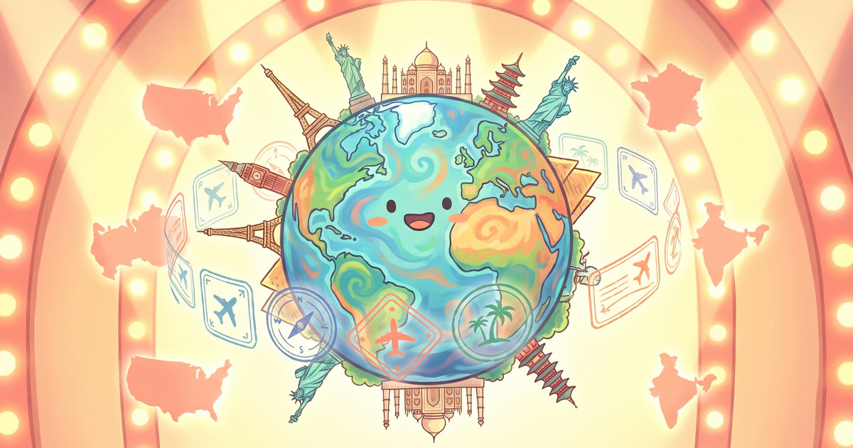 Illustrated globe surrounded by passport stamps and landmarks