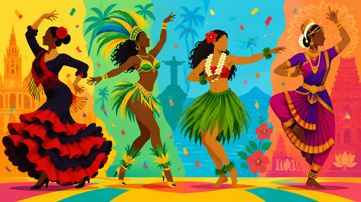 Flat illustration of dancers performing flamenco, samba, hula, and bharatanatyam