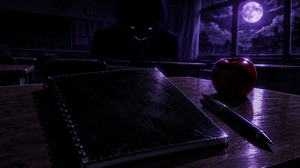 A black notebook lying open beside a red apple and a shinigami's shadow
