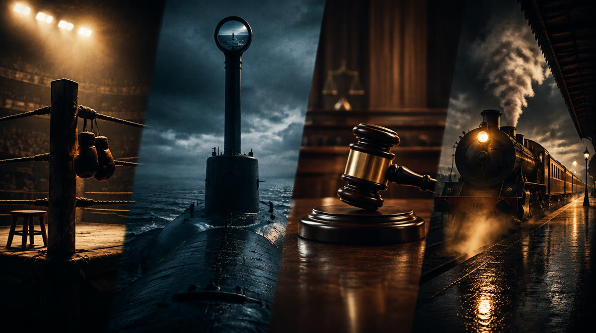 Confident actor in a sharp suit standing before a courtroom backdrop, evoking Denzel Washington's dramatic roles