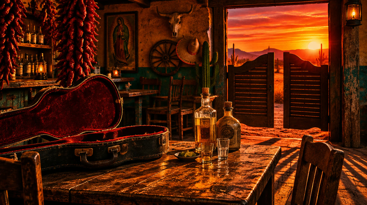 Mysterious gunslinger with a guitar case standing in a dusty Mexican street