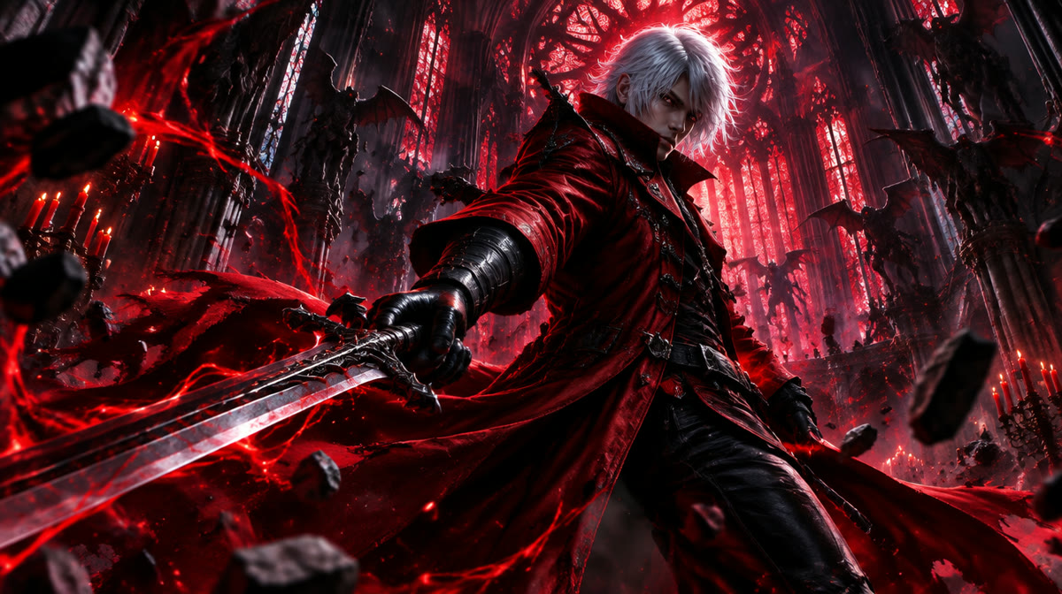 White-haired swordsman wielding a large sword and pistols amid gothic ruins
