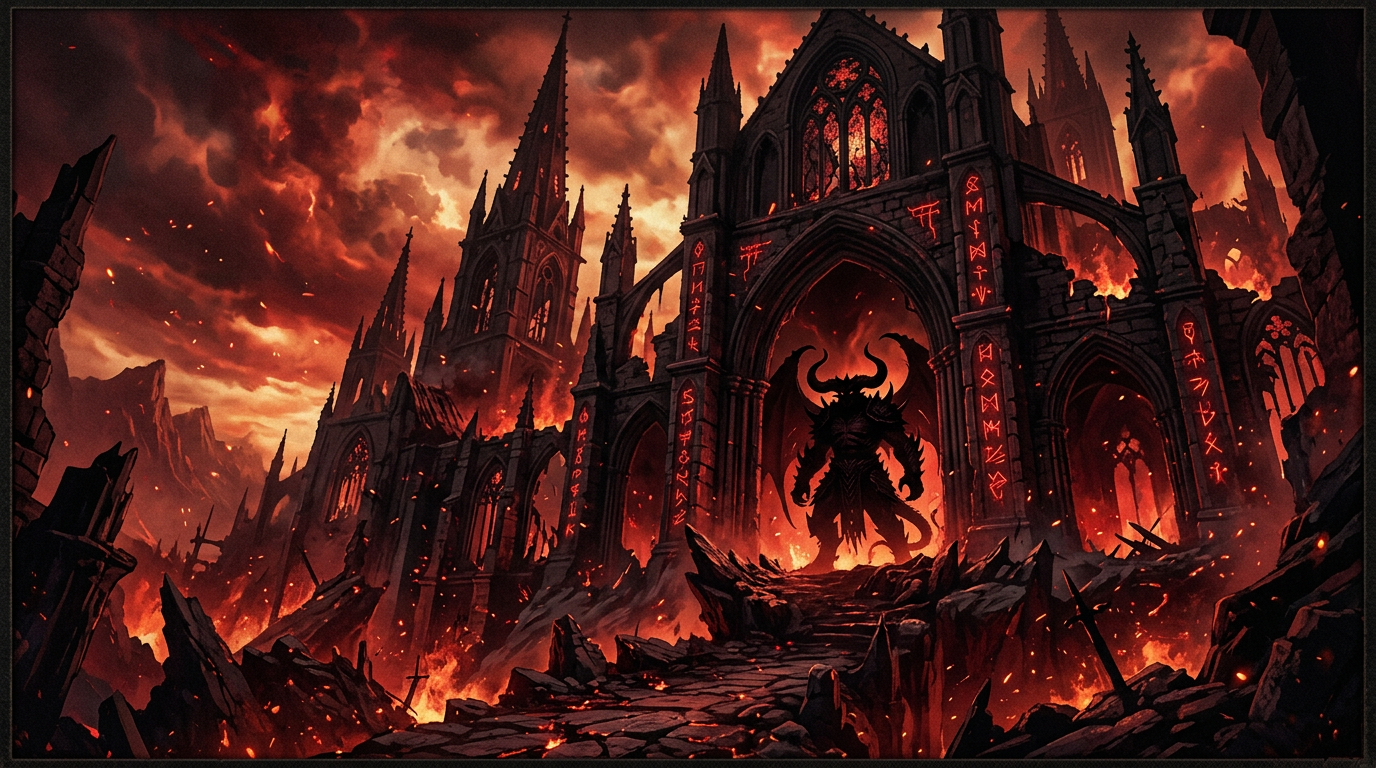 Armoured hero facing a horned demon amid red fire