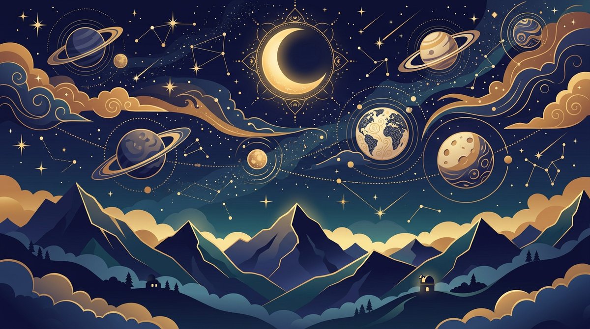 Starry night sky over mountains with planets and clouds illustrated