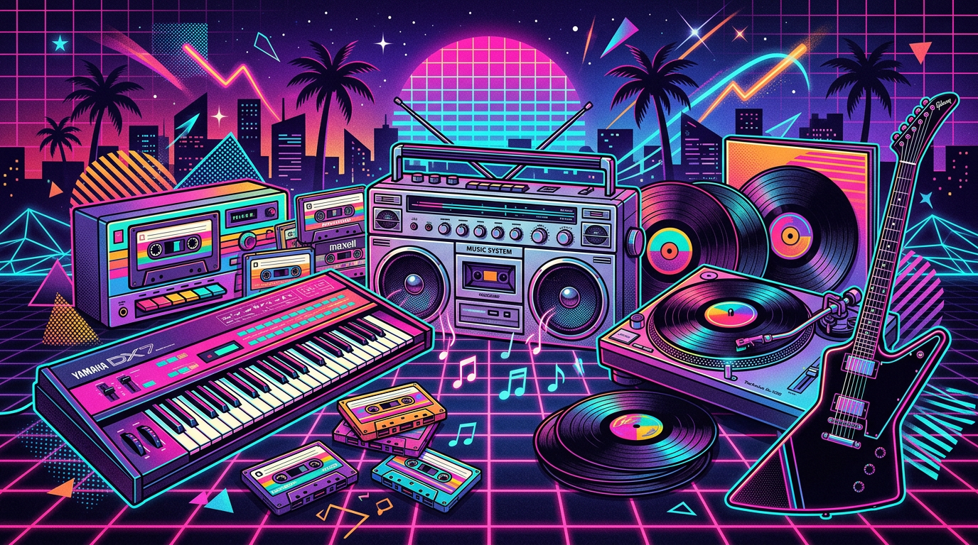 Neon cassette tapes, vinyl records and a retro microphone glowing in an eighties scene
