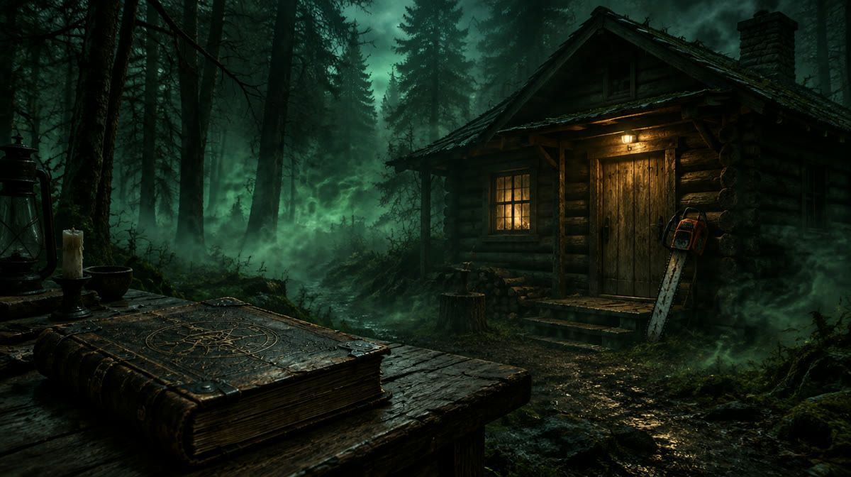 Cabin in a dark forest with an eerie glow from inside the window