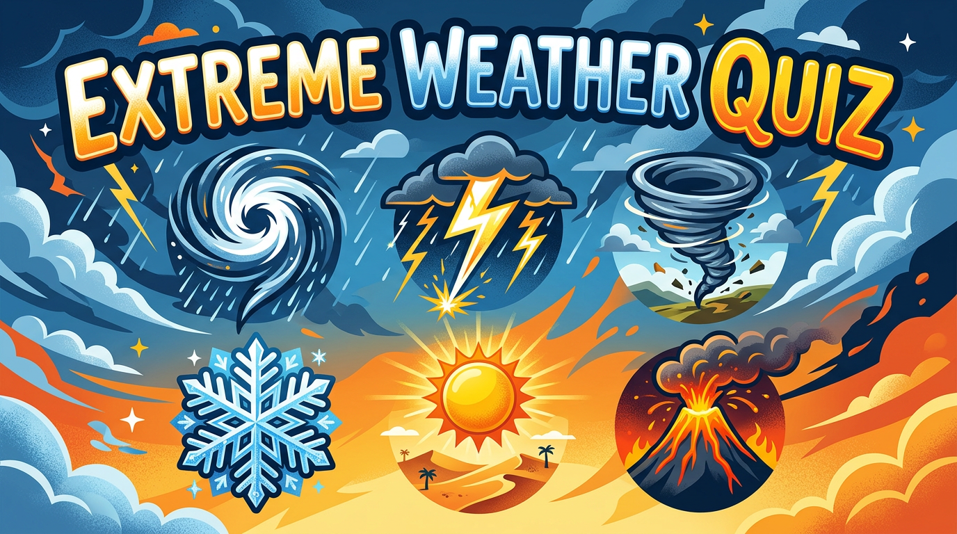 Illustration of a hurricane, lightning, tornado, snowflake, desert sun and volcano