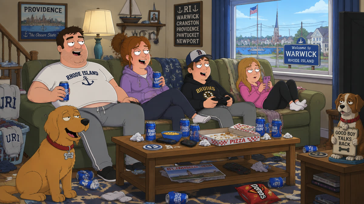 Flat illustration of an animated family sitting together on a couch with a talking dog