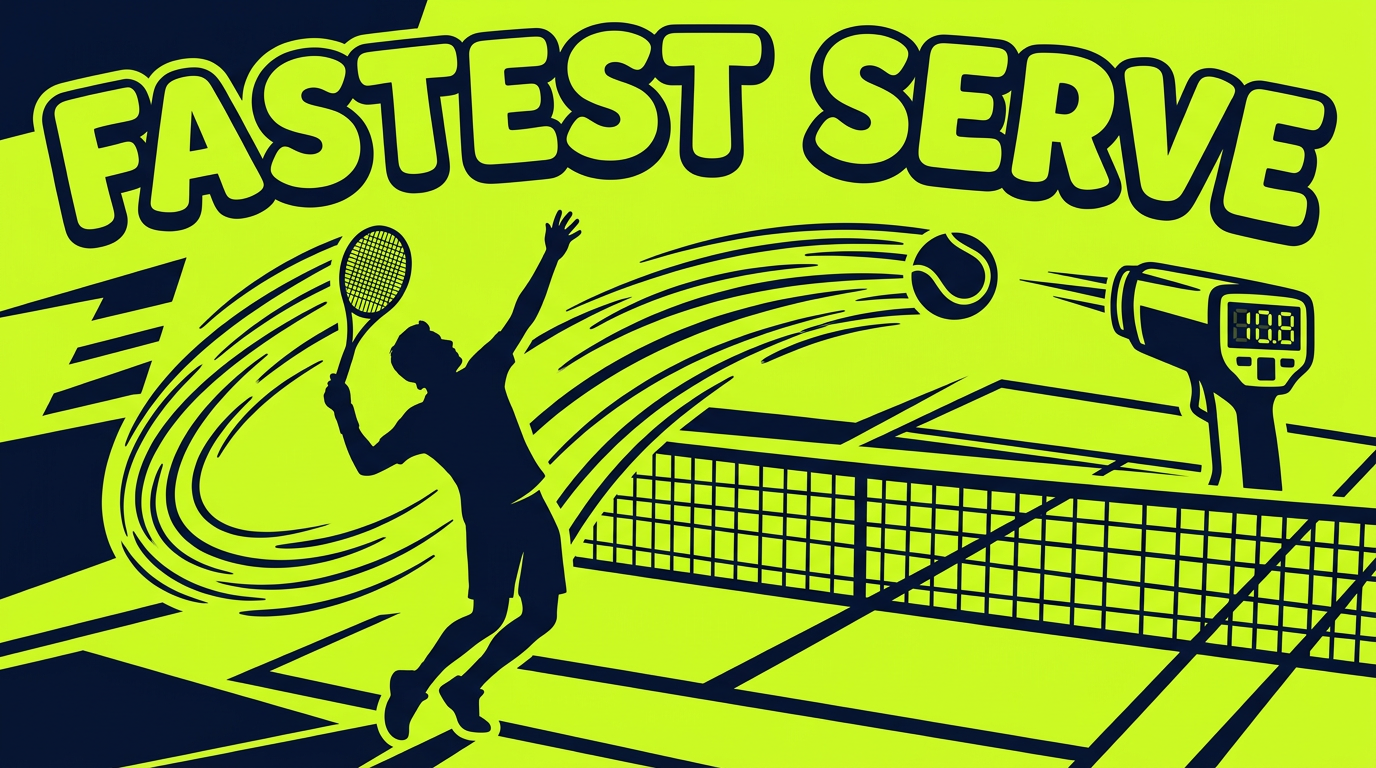 Neon green poster of a tennis player mid-serve with a radar speed gun