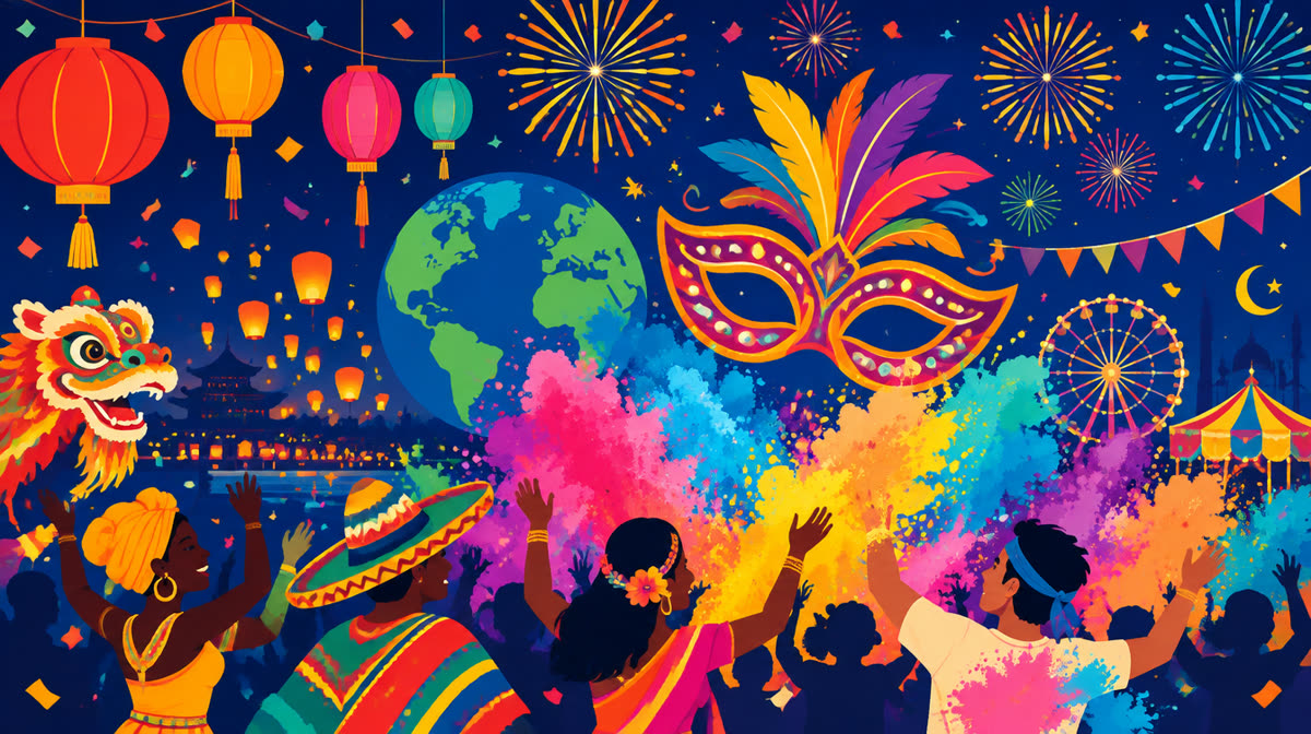 Colorful flat illustration of festival fireworks, lanterns, and dancers celebrating together