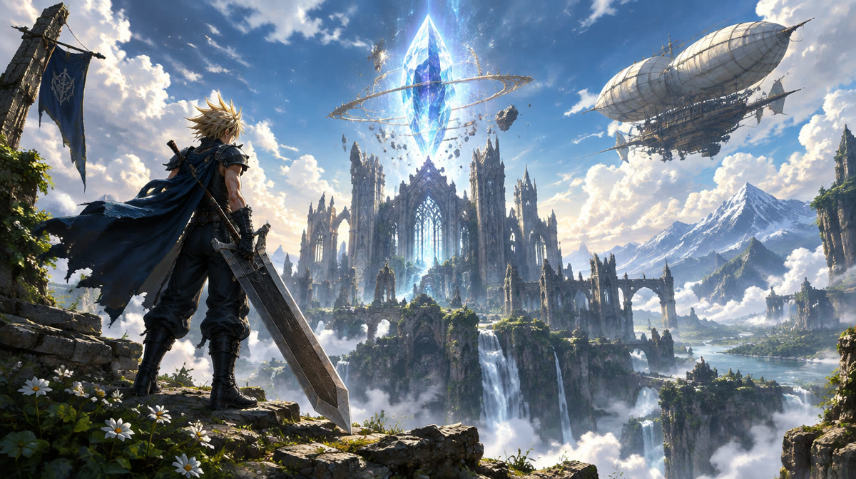 Fantasy warriors standing before a glowing crystal in an epic landscape