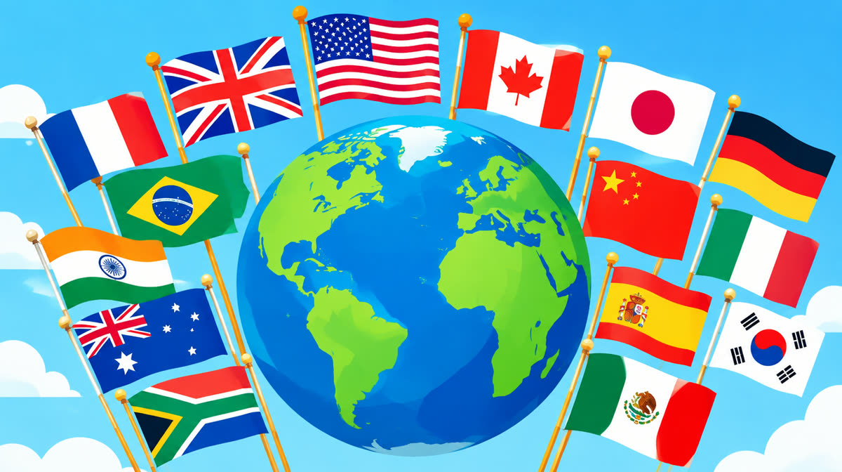 Colorful flat illustration of flags from many countries waving together on flagpoles