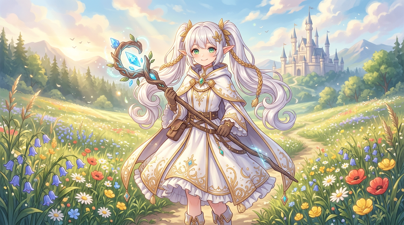 White-haired elf mage travelling through a luminous fantasy landscape