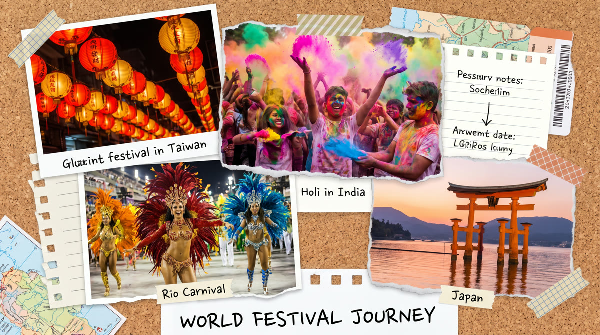Lantern festival, Holi colors, carnival dancers and a torii gate in one joyful collage