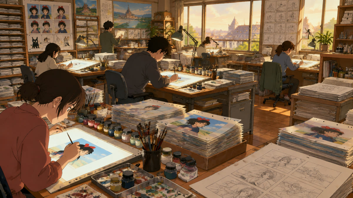 An animator's desk with sketches, ink pens and colourful anime concept art
