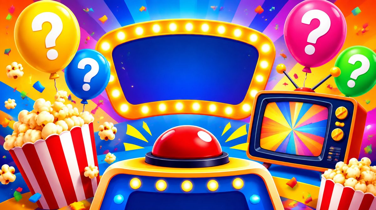 Colourful quiz show scene with confetti, question mark balloons and a buzzer