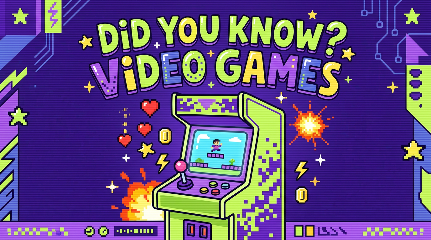 Purple and lime poster with an arcade cabinet, joystick and pixel hearts