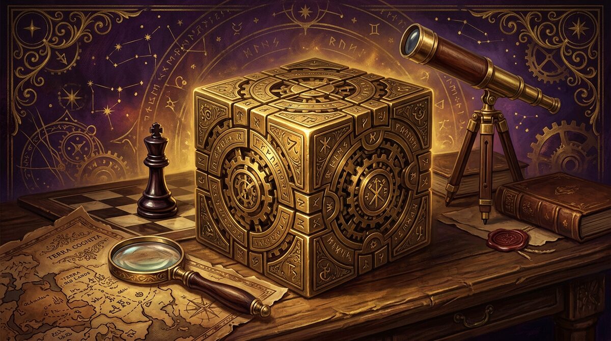 Ornate brass puzzle cube beside a chess king, telescope and antique map