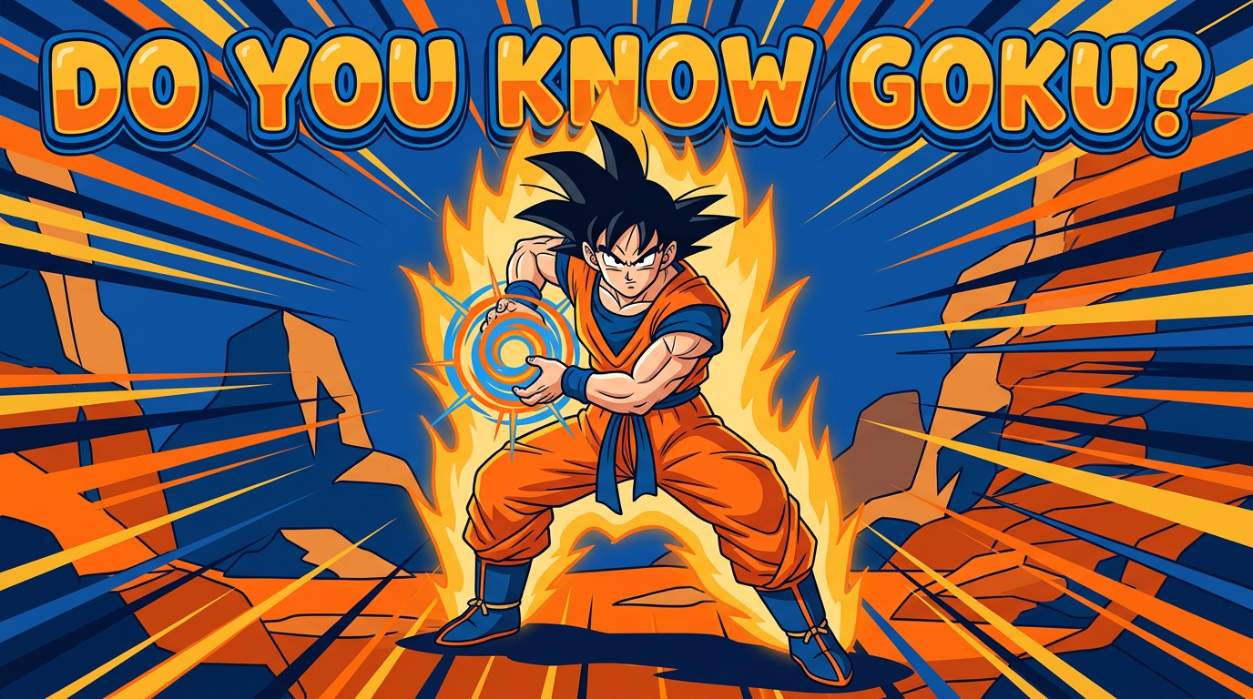 Anime-style poster of a spiky-haired fighter in an orange gi with a golden aura