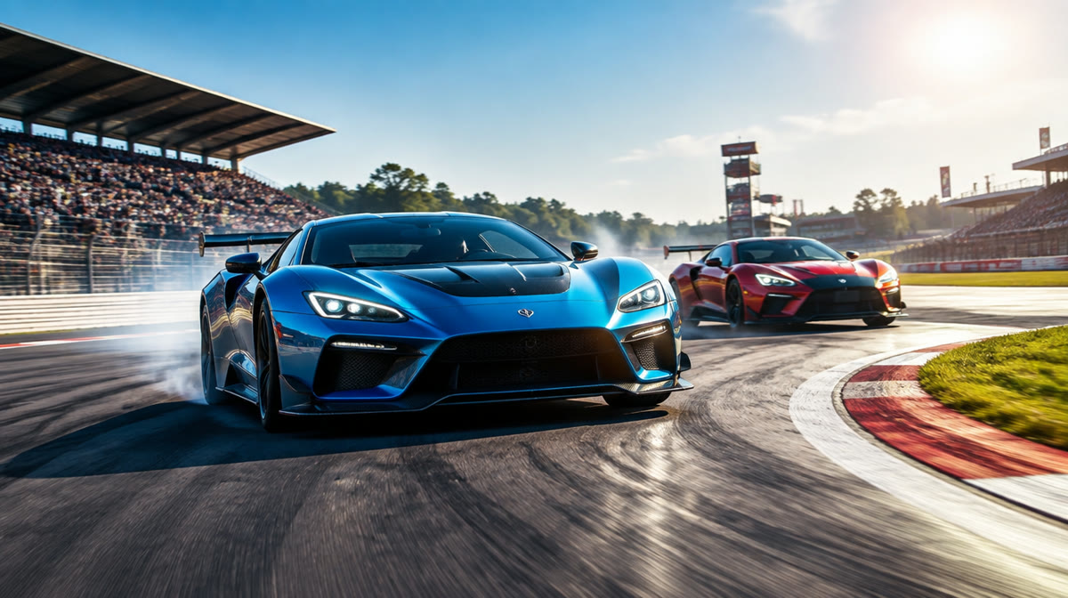 Sleek racing car speeding around a curved track at sunset with motion blur