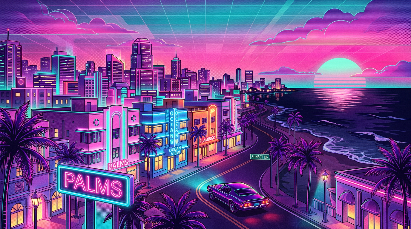 Neon coastal crime-game city with speeding cars
