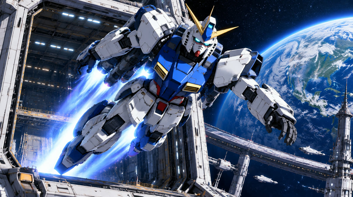 A giant white and blue mobile suit robot standing in a battlefield