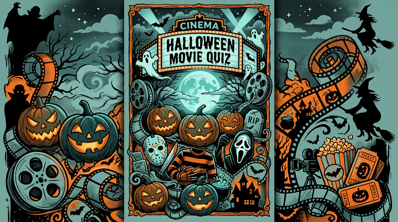 Jack-o-lanterns outside a moonlit haunted cinema