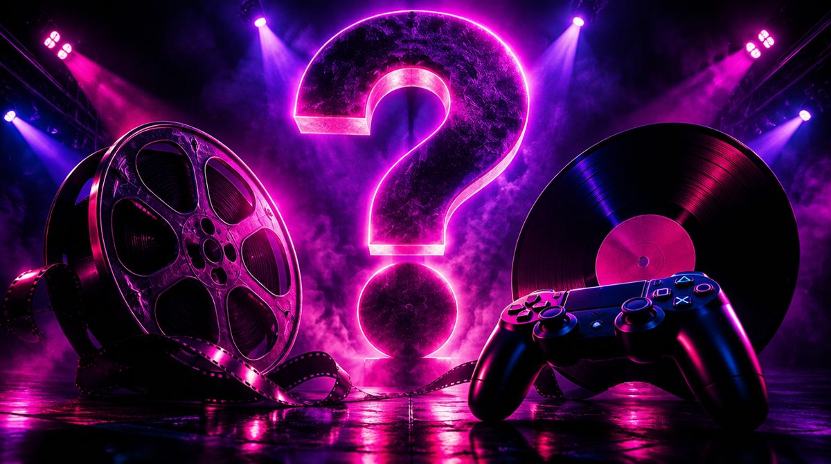 Moody neon-lit stage with a glowing question mark, film reel, vinyl record and controller