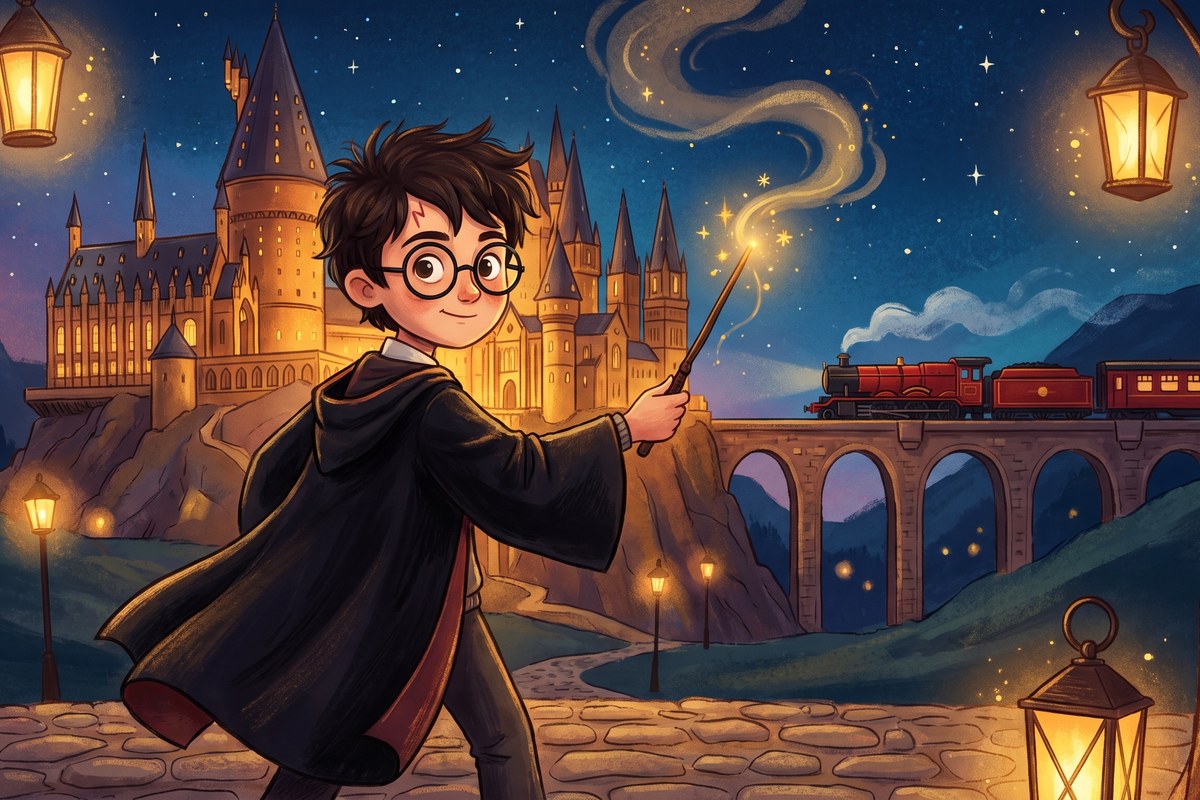 Young wizard student with round glasses and a glowing wand before a magical castle at night