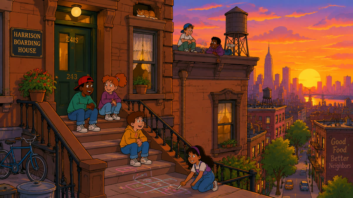Flat illustration of a football-headed boy standing on a city stoop with a cityscape behind him