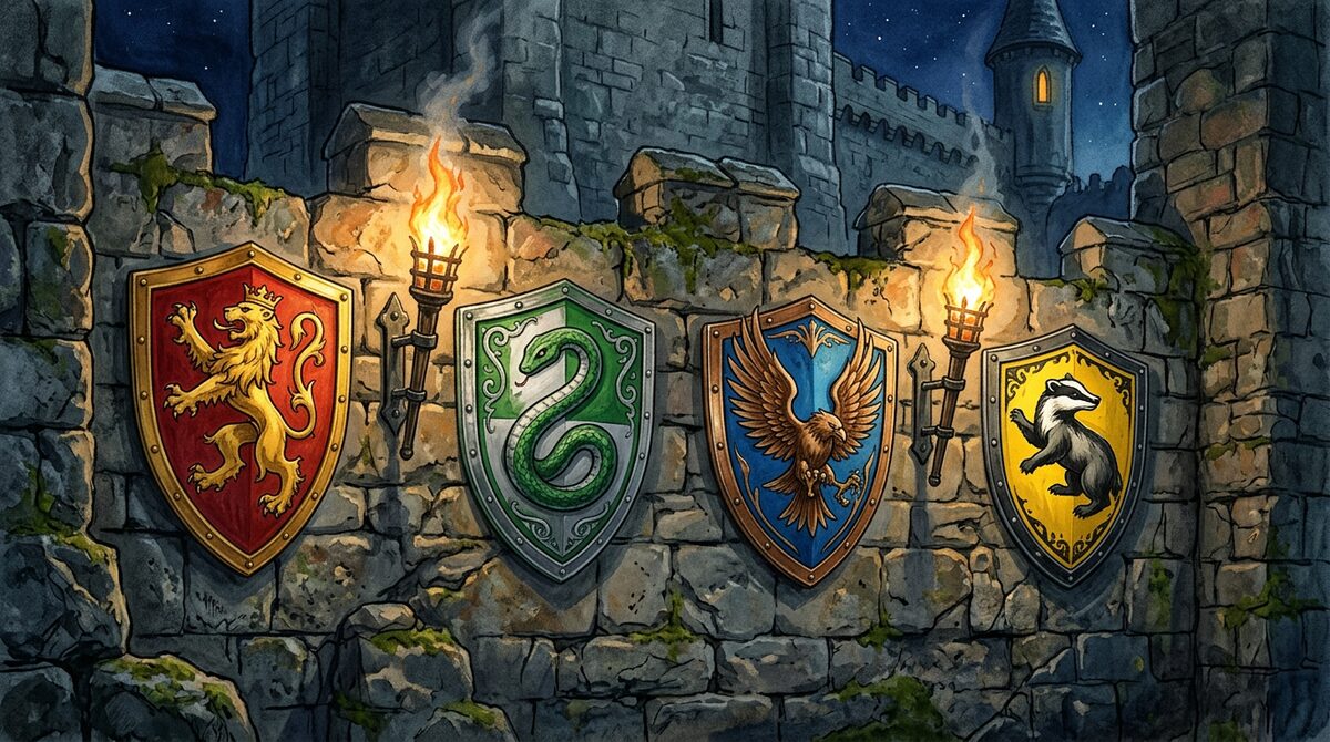 Four heraldic shields with a lion, serpent, eagle and badger on a torch-lit castle wall