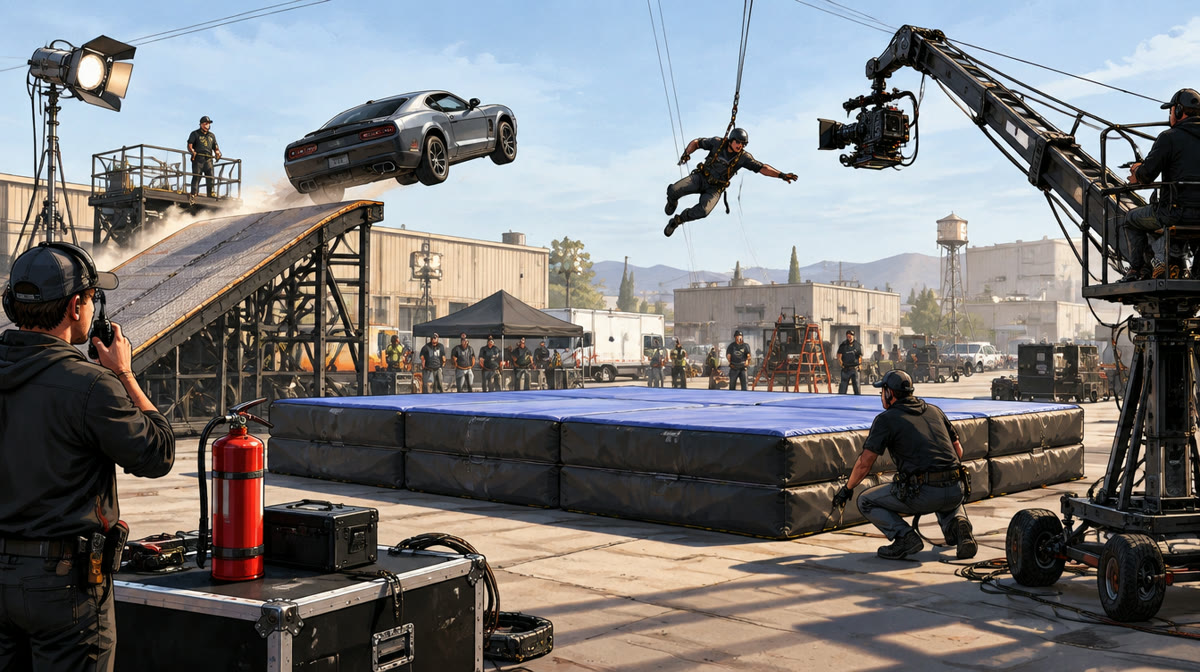 A film set with stunt rigging, safety mats and a director's chair