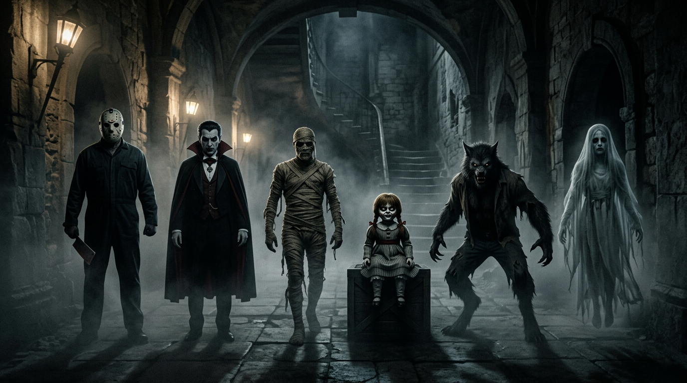 Silhouettes of iconic horror figures in a foggy corridor