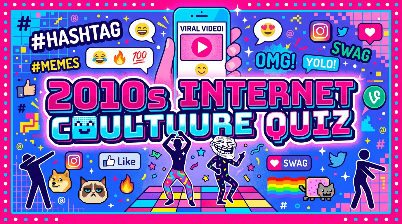 Neon collage of a smartphone, hashtags, emoji and meme characters