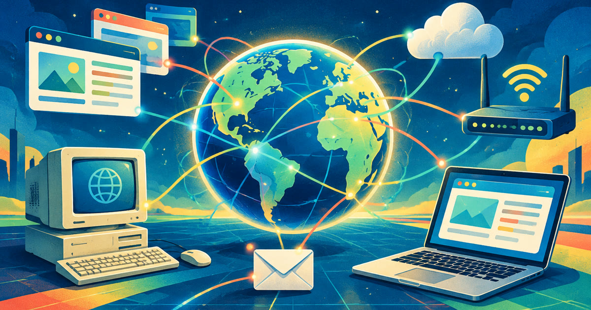 Connected globe beside vintage and modern computers, Wi-Fi, email and cloud symbols