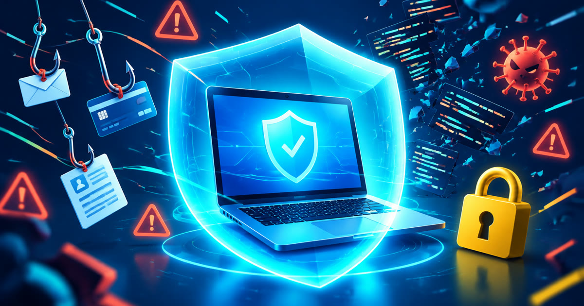 Laptop protected by a bright shield from phishing hooks and malware warnings