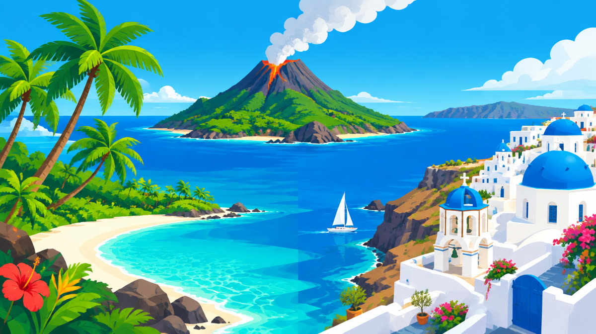 Flat illustration of tropical islands with palm trees, volcanoes, and turquoise water