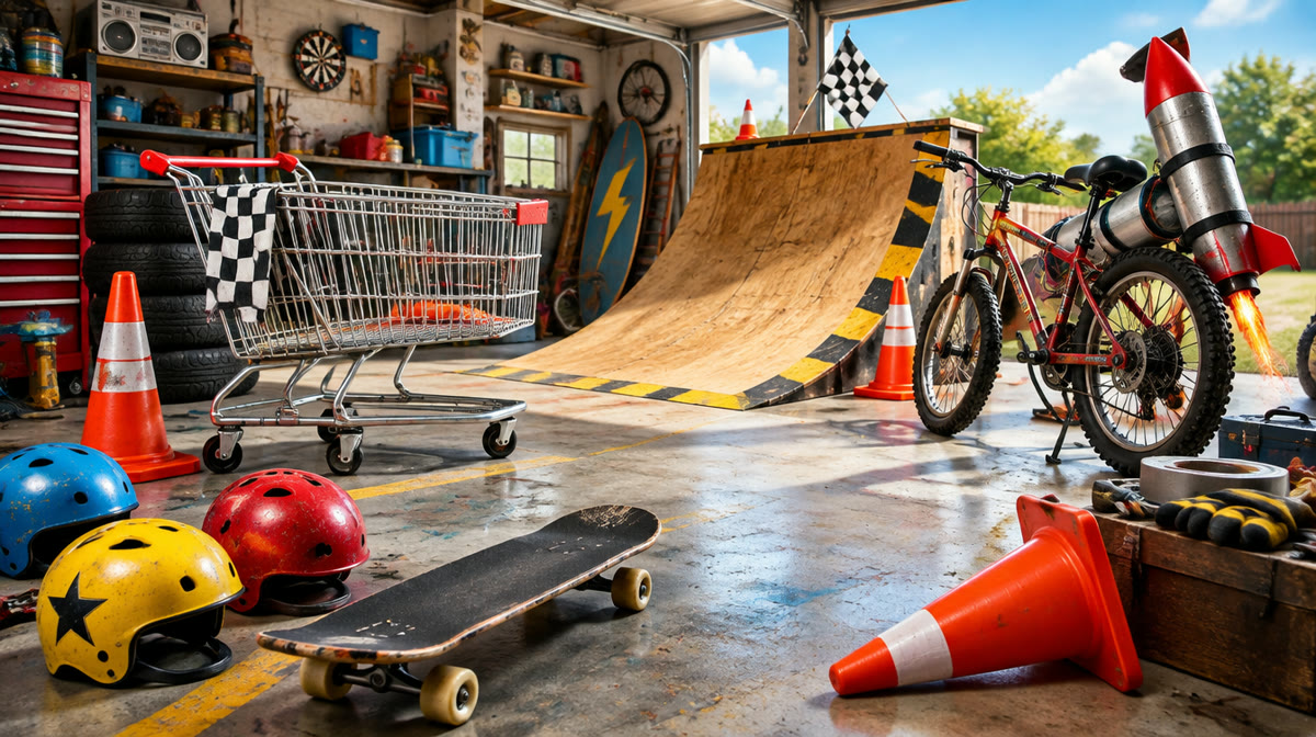 Group of daredevil friends laughing next to a shopping cart and stunt ramp
