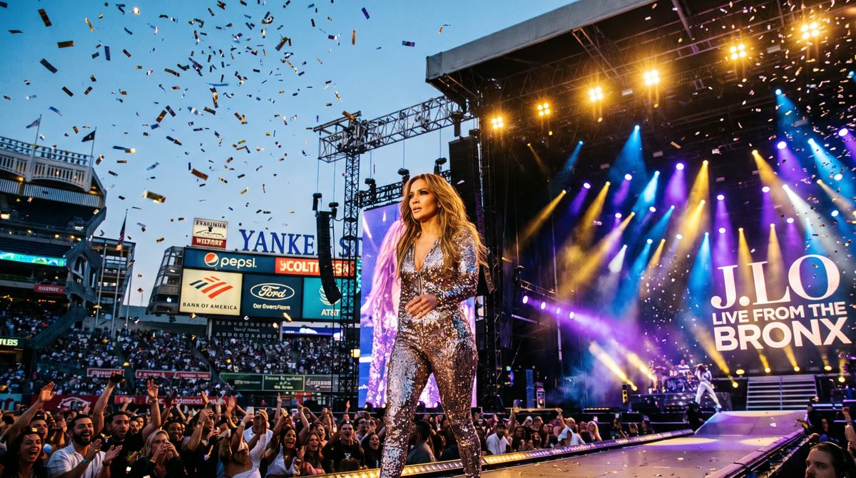 Jennifer Lopez performing in a sequined jumpsuit on a stadium stage under confetti
