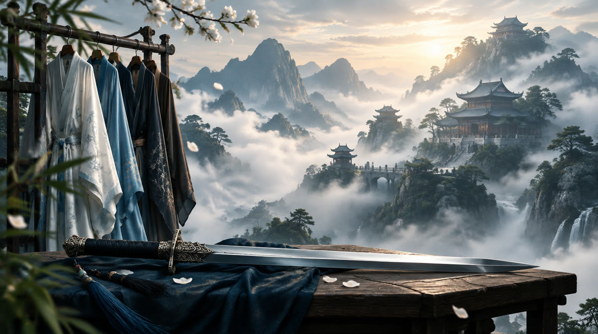 Martial artist in traditional robes holding a sword against a mountain backdrop, evoking Jet Li's wuxia films